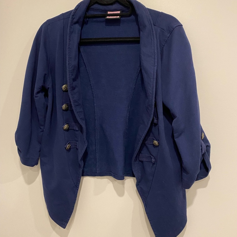 •2/$30• Y2K Dark Blue Cropped & Draped Blazer with Buttons & 3/4 Sleeves